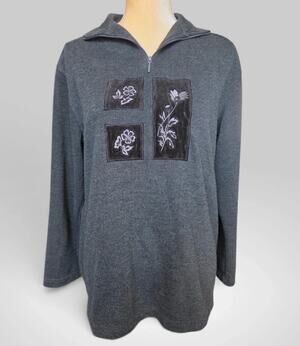 Vintage Dressbarn Gray Knit Quarter Zip Sweater Velvet Floral Patch womans sz lg